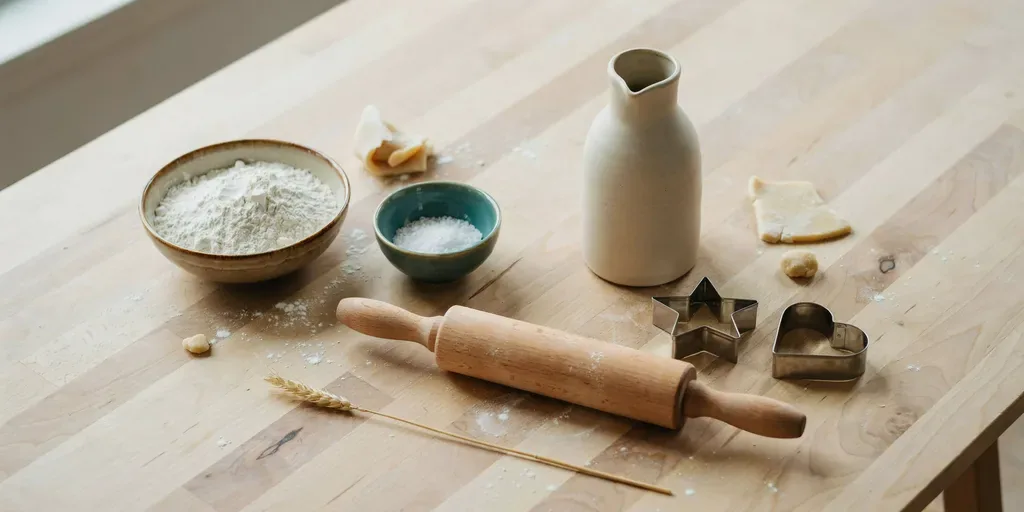 Flour, salt, a jug of water, a rolling pin, star and heart cookie cutters and a straw on a pine table