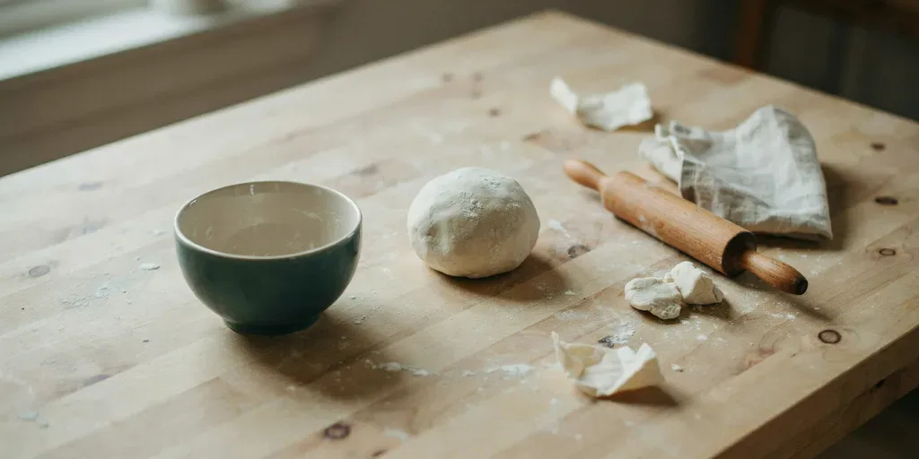A smooth ball of white salt dough on a floured pine table, the empty mixing bowl beside it