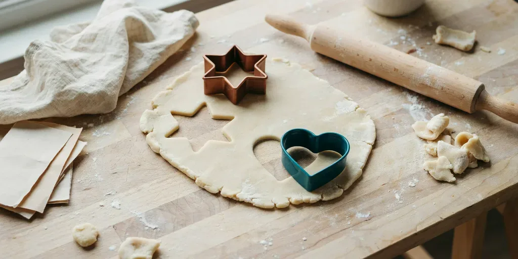Rolled salt dough about a quarter inch thick with star and heart shapes cut out, cookie cutters on the dough