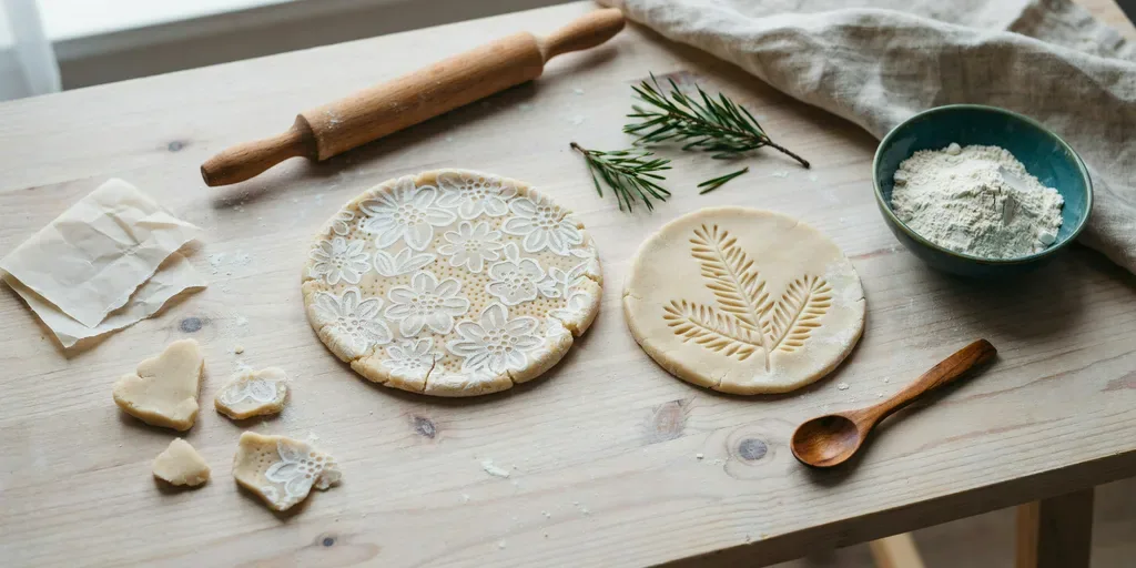 A piece of lace and a pine sprig pressed into rounds of salt dough, leaving detailed impressions