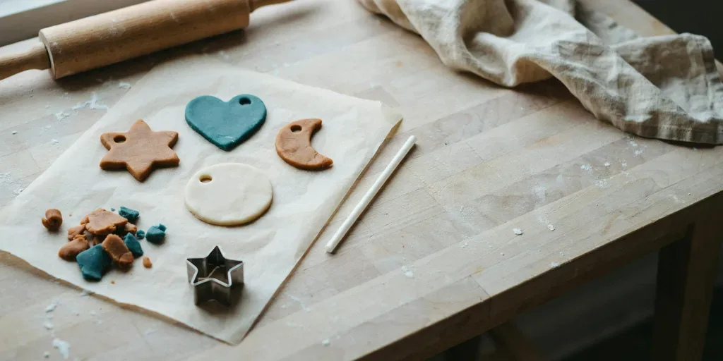 Cut salt dough shapes on parchment each with a small round hole near the top, a drinking straw beside it