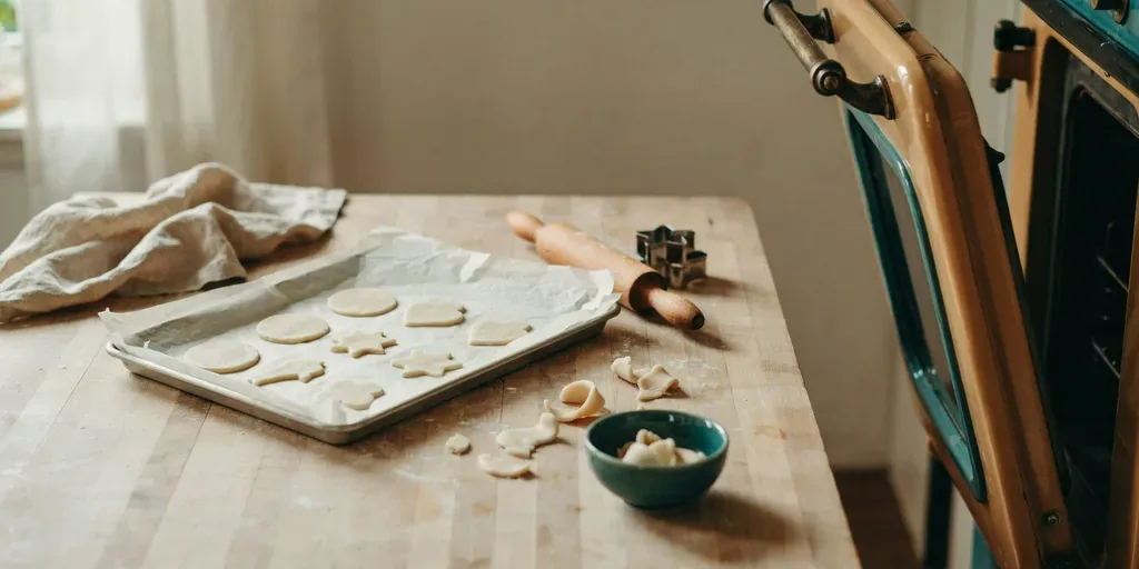 Salt dough shapes on a parchment-lined baking sheet, dried pale and flat, beside an open oven door