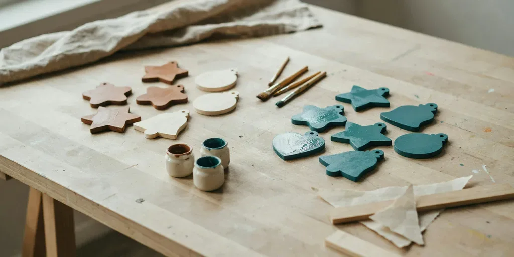 Half the ornaments painted walnut brown and deep teal, half left white, with small brushes and paint pots